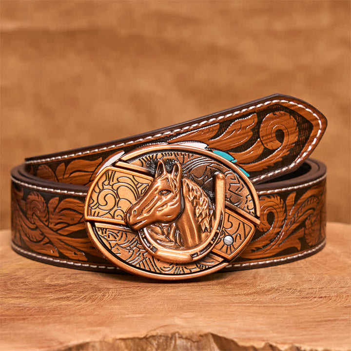 Ceinture en cuir pour homme avec couteau pliant caché en bronze rouge et tête de cheval - Serpent - Ceinture à plumes marron - 40 - image 10