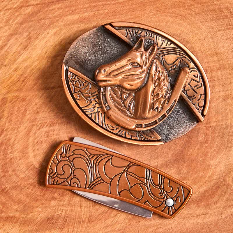 Ceinture en cuir pour homme avec couteau pliant caché en bronze rouge et tête de cheval - image 4