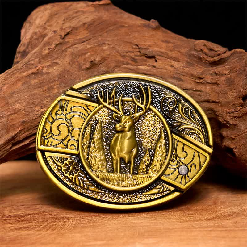 Ceinture en cuir pour homme avec couteau pliant caché en bronze et cerf de forêt - Cerf - Sans ceinture - Ceinture non incluse - image 1