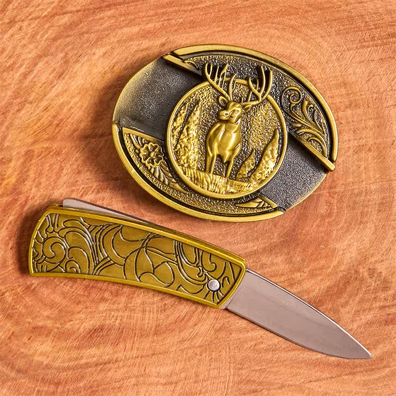 Ceinture en cuir pour homme avec couteau pliant caché en bronze et cerf de forêt - image 2