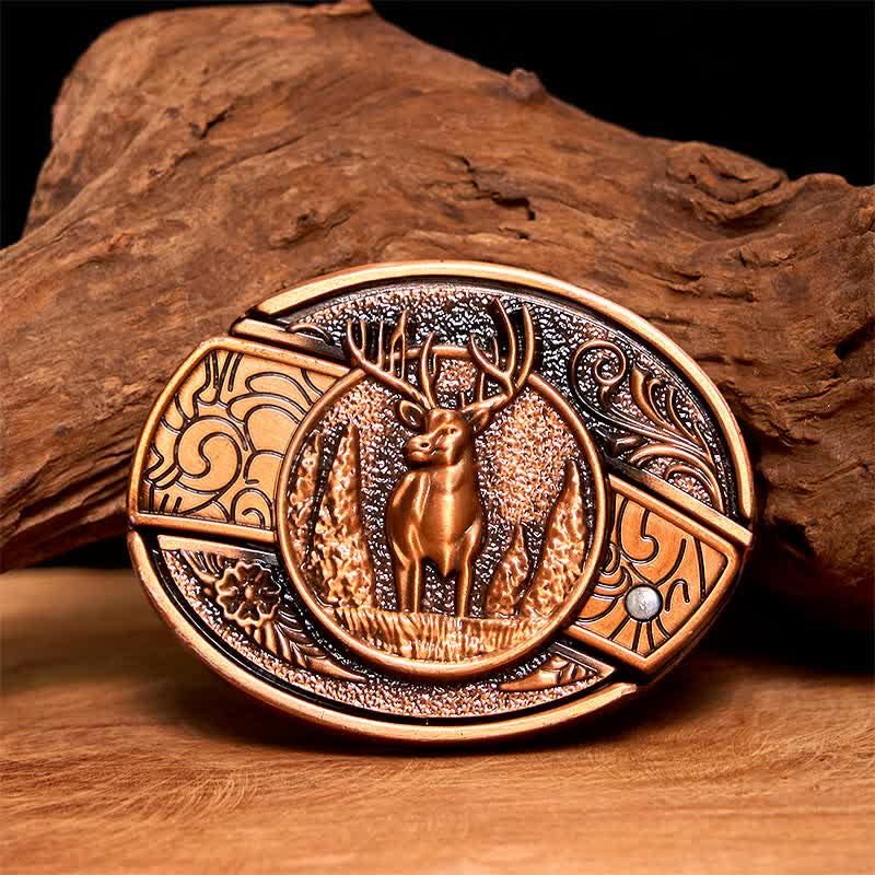 Ceinture en cuir pour homme avec couteau pliant caché en bronze rouge et cerf forestier - Cerf - Sans ceinture - Ceinture non incluse - image 1