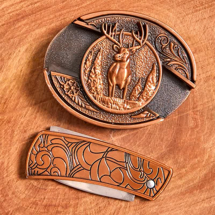 Ceinture en cuir pour homme avec couteau pliant caché en bronze rouge et cerf forestier - image 4