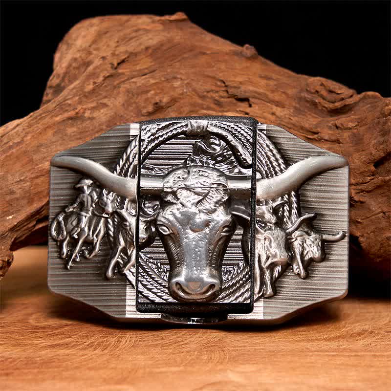 Ceinture en cuir argentée pour homme, motif taureau dominateur, avec briquet caché - Taureau à longues cornes - Sans ceinture - Ceinture non incluse - image 1