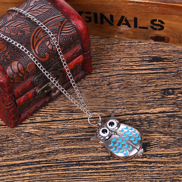 Montre de poche à quartz rétro unisexe avec motif hibou mignon et longue chaîne - Bleu - image 5