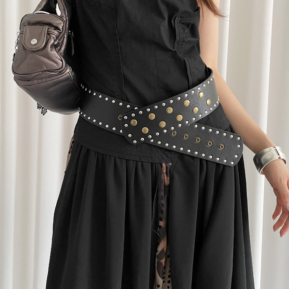 Ceinture fine à rivets noire et blanche pour femme - image 2
