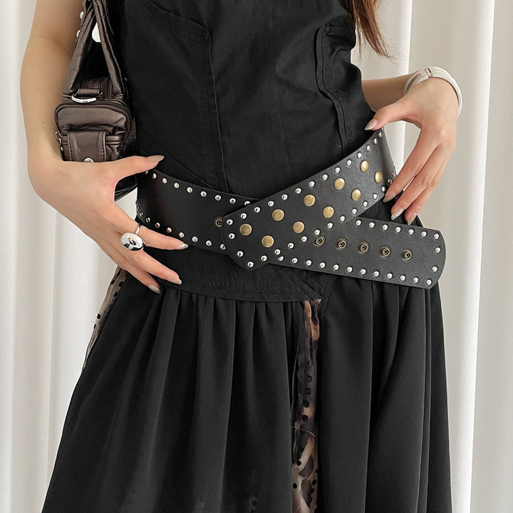 Ceinture fine à rivets noire et blanche pour femme - image 3