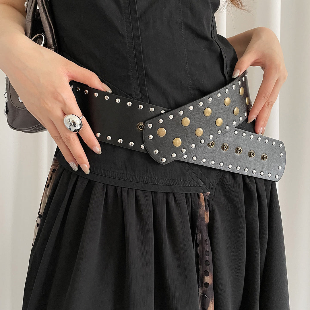 Ceinture fine à rivets noire et blanche pour femme - Noir - image 1