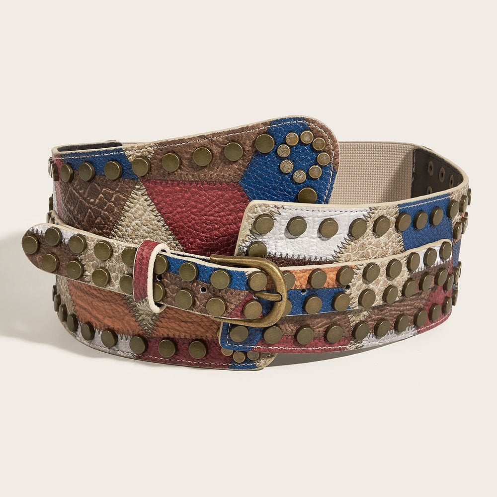 Ceinture en cuir rétro pour femme, motif boule, clous en cuivre antique - Multicolore - image 2