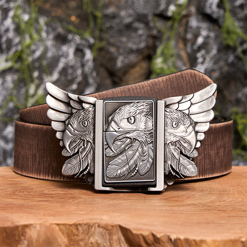Ceinture en cuir argentée Mighty Eagle pour homme avec briquet caché - Aigle - Ceinture marron vieillie - 42 - image 9