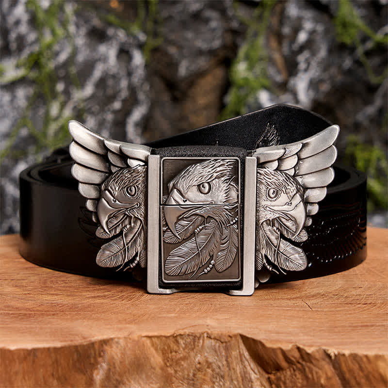 Ceinture en cuir argentée Mighty Eagle pour homme avec briquet dissimulé - Aigle - Ceinture noire avec aigle en relief - 42 - image 2