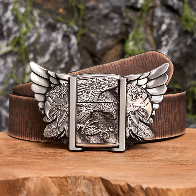 Ceinture en cuir argentée pour homme, motif aigle planant, avec briquet caché - Aigle planant - Ceinture marron vieillie - 42 - image 9