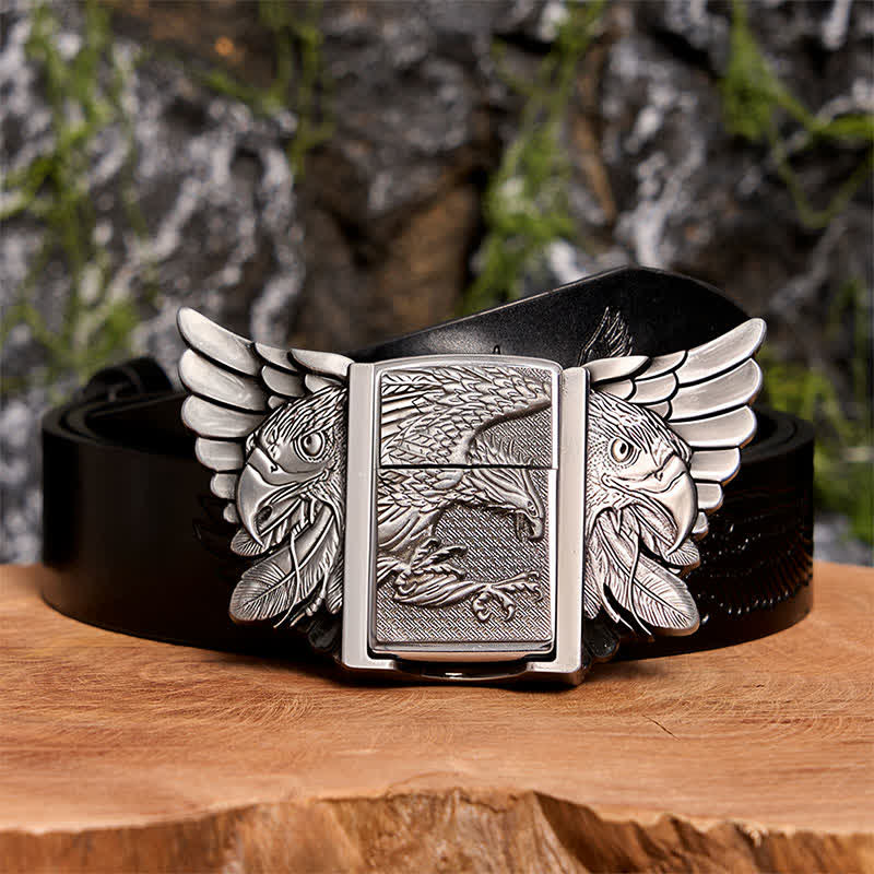 Ceinture en cuir argentée pour homme, motif aigle planant, avec briquet caché - Aigle planant - Ceinture noire avec aigle en relief - 42 - image 3