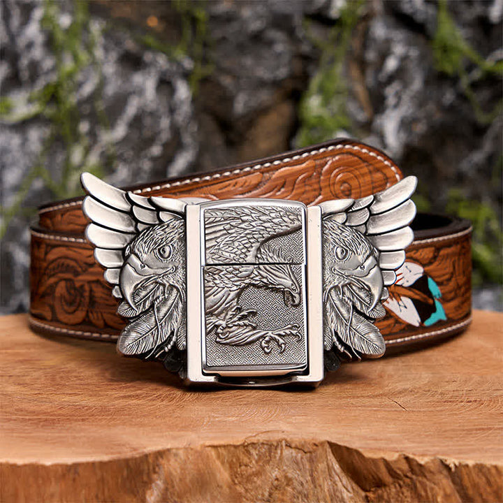 Ceinture en cuir argentée pour homme, motif aigle planant, avec briquet caché - Aigle planant - Ceinture à plumes marron - 40 - image 11
