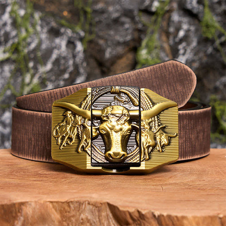 Ceinture en cuir pour homme, motif taureau dominateur doré, avec briquet caché - Taureau à longues cornes - Ceinture marron vieillie - 42 - image 8