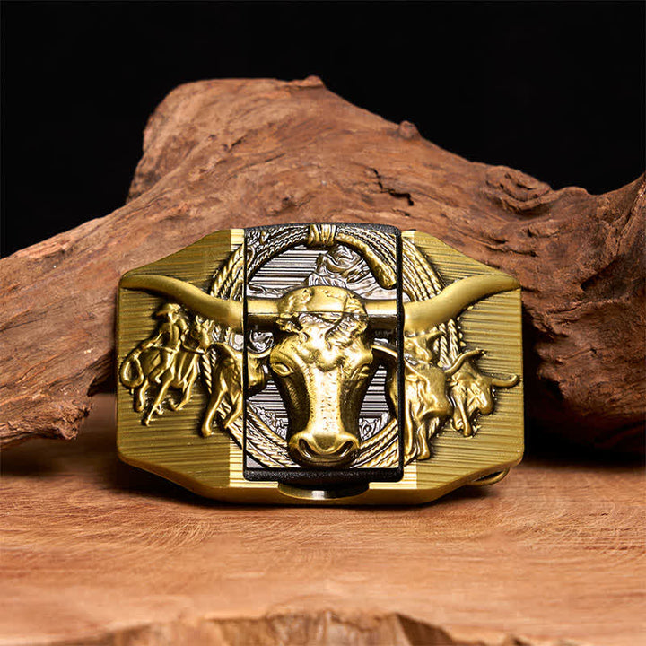 Ceinture en cuir pour homme, motif taureau dominateur doré, avec briquet caché - Taureau à longues cornes - Sans ceinture - Ceinture non incluse - image 0