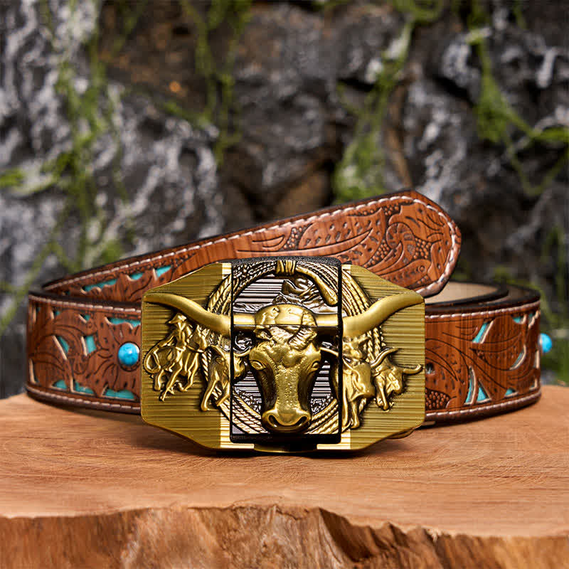 Ceinture en cuir pour homme, motif taureau dominateur doré, avec briquet caché - Taureau à longues cornes - Ceinture sculptée en turquoise - 42 - image 6