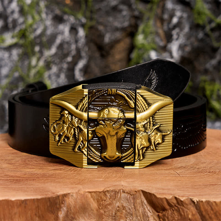 Ceinture en cuir pour homme, motif taureau dominateur doré, avec briquet caché - Taureau à longues cornes - Ceinture noire avec aigle en relief - 42 - image 2