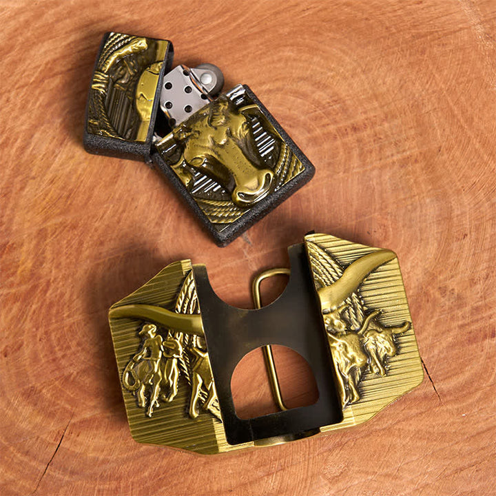 Ceinture en cuir pour homme, motif taureau dominateur doré, avec briquet caché - image 5
