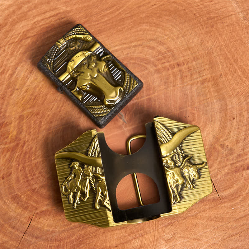 Ceinture en cuir pour homme, motif taureau dominateur doré, avec briquet caché - image 5
