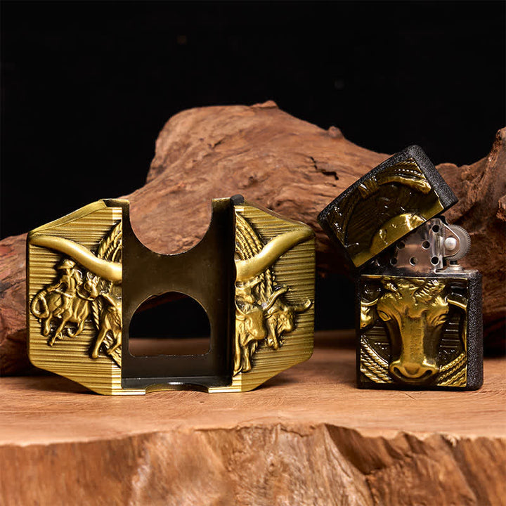 Ceinture en cuir pour homme, motif taureau dominateur doré, avec briquet caché - image 1