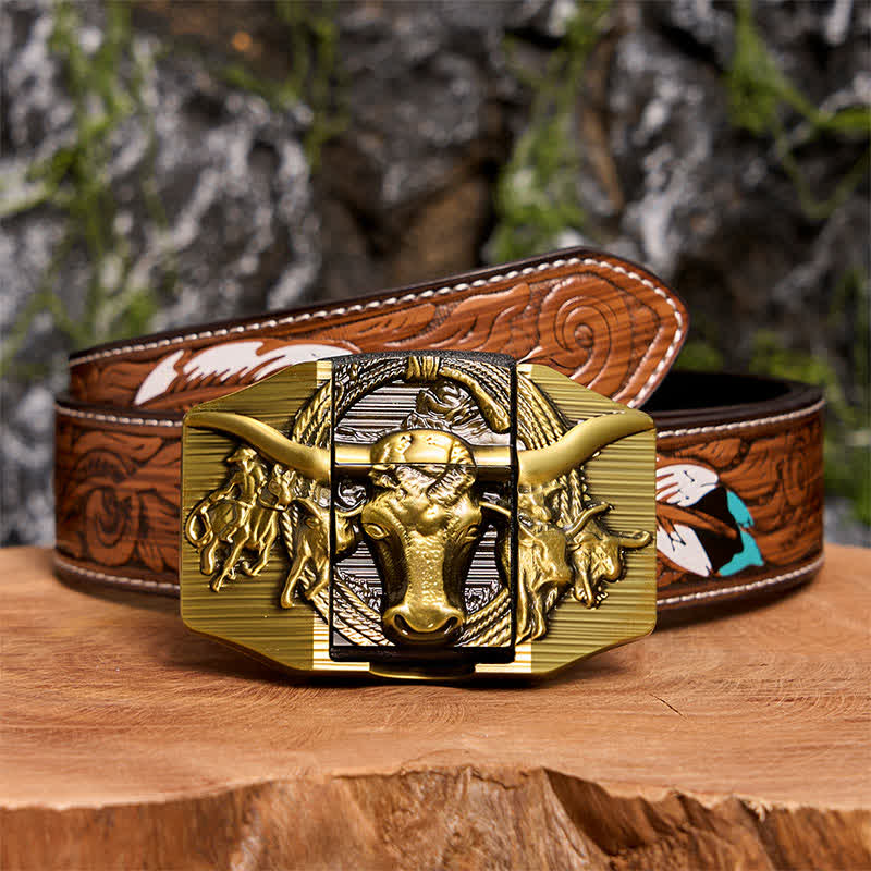 Ceinture en cuir pour homme, motif taureau dominateur doré, avec briquet caché - Taureau à longues cornes - Ceinture à plumes marron - 40 - image 10