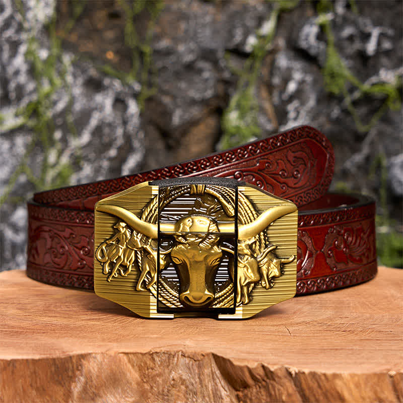 Ceinture en cuir pour homme, motif taureau dominateur doré, avec briquet caché - Taureau à longues cornes - Ceinture marron sculptée - 42 - image 9