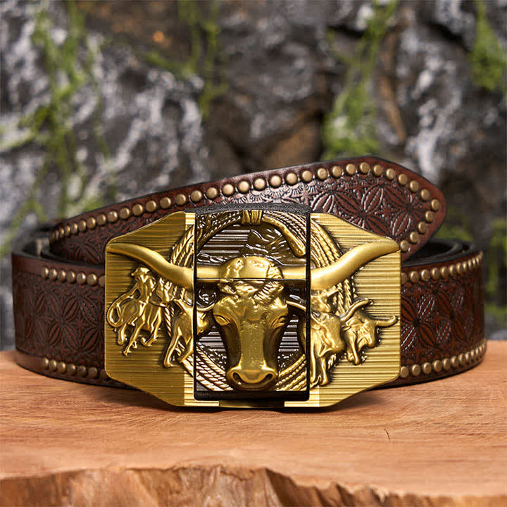 Ceinture en cuir pour homme, motif taureau dominateur doré, avec briquet caché - Taureau à longues cornes - Ceinture à rivets marron - 42 - image 7
