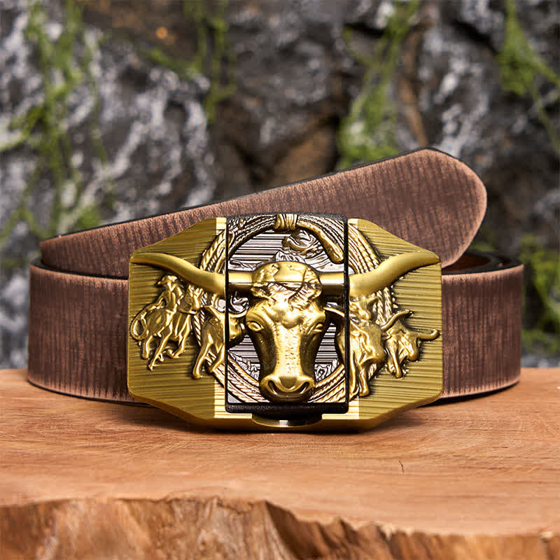Ceinture en cuir pour homme, motif taureau dominateur doré, avec briquet caché - Taureau à longues cornes - Ceinture marron vieillie - 42 - image 9