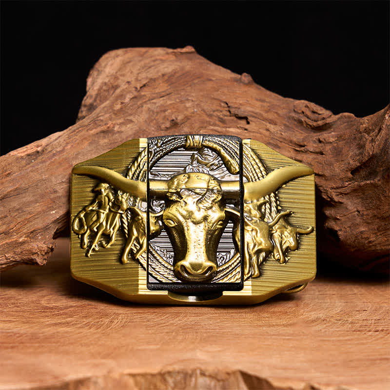 Ceinture en cuir pour homme, motif taureau dominateur doré, avec briquet caché - Taureau à longues cornes - Sans ceinture - Ceinture non incluse - image 0
