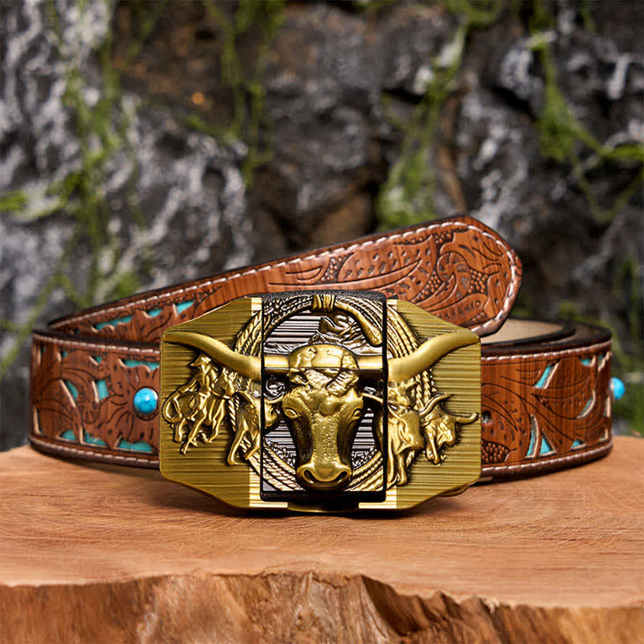 Ceinture en cuir pour homme, motif taureau dominateur doré, avec briquet caché - Taureau à longues cornes - Ceinture sculptée en turquoise - 42 - image 7