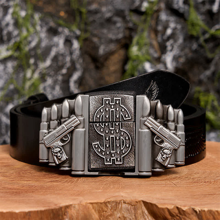 Ceinture en cuir argentée pour homme, motif pistolets et balles, avec briquet caché - Pistolets et balles doubles - Ceinture noire avec aigle en relief - 42 - image 2