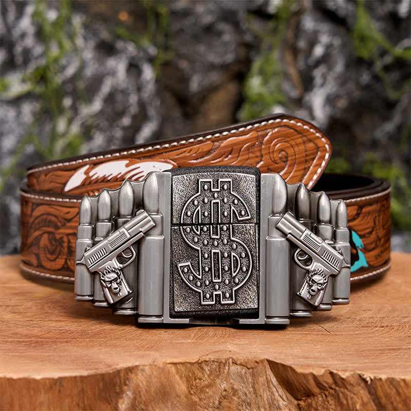 Ceinture en cuir argentée pour homme, motif pistolets et balles, avec briquet caché - Pistolets et balles doubles - Ceinture à plumes marron - 40 - image 10