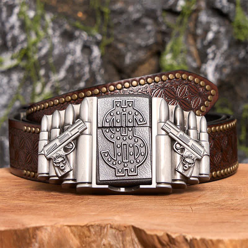 Ceinture en cuir argentée pour homme, motif pistolets et balles, avec briquet caché - Pistolets et balles doubles - Ceinture à rivets marron - 42 - image 7