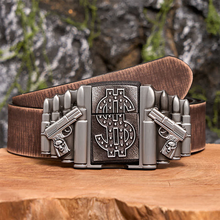 Ceinture en cuir argentée pour homme, motif pistolets et balles, avec briquet caché - Pistolets et balles doubles - Ceinture marron vieillie - 42 - image 8