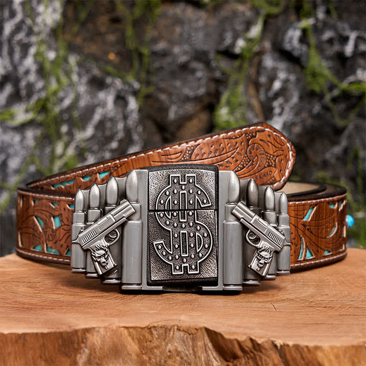 Ceinture en cuir argentée pour homme, motif pistolets et balles, avec briquet caché - Pistolets et balles doubles - Ceinture sculptée en turquoise - 42 - image 6