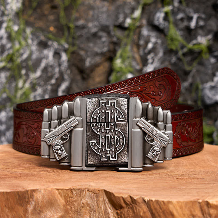 Ceinture en cuir argentée pour homme, motif pistolets et balles, avec briquet caché - Pistolets et balles doubles - Ceinture marron sculptée - 42 - image 9