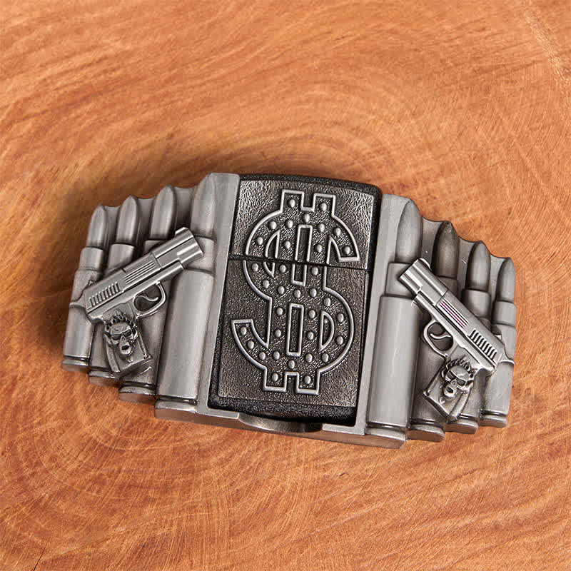 Ceinture en cuir argentée pour homme, motif pistolets et balles, avec briquet caché - image 3