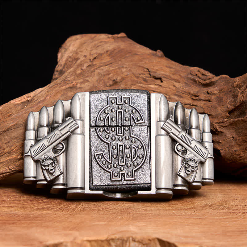 Ceinture en cuir argentée pour homme, motif pistolets et balles, avec briquet caché - Pistolets et balles doubles - Sans ceinture - Ceinture non incluse - image 0
