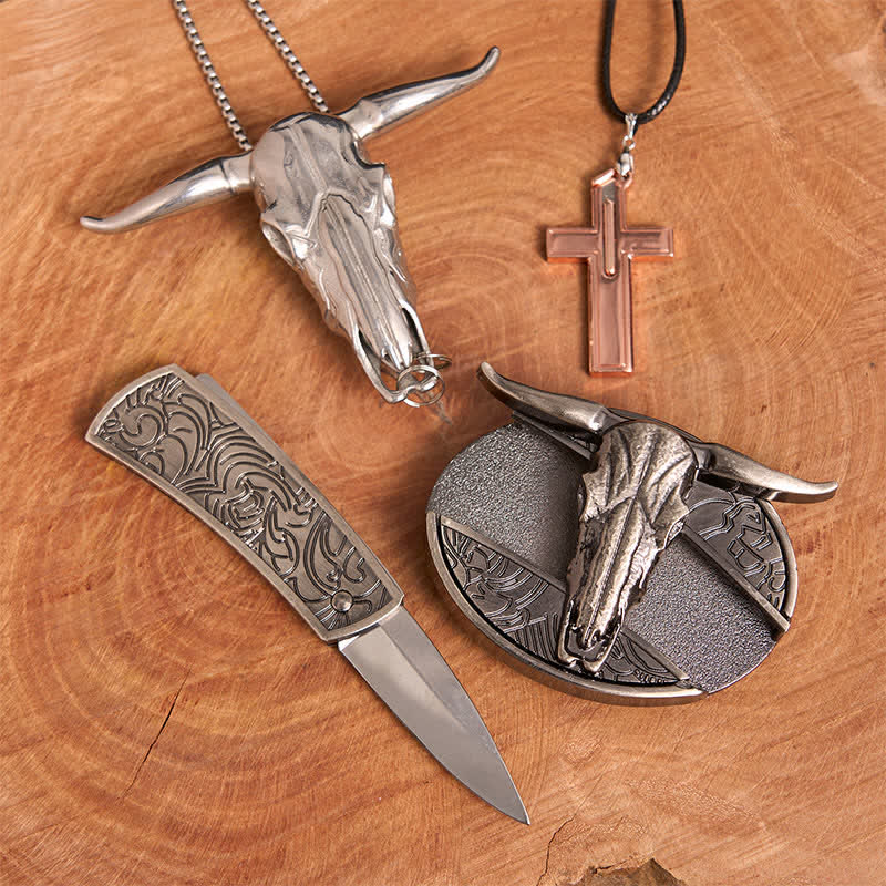 Ensemble de collier et boucle de ceinture en forme de croix avec couteau caché à faire soi-même, motif taureau Longhorn - image 3