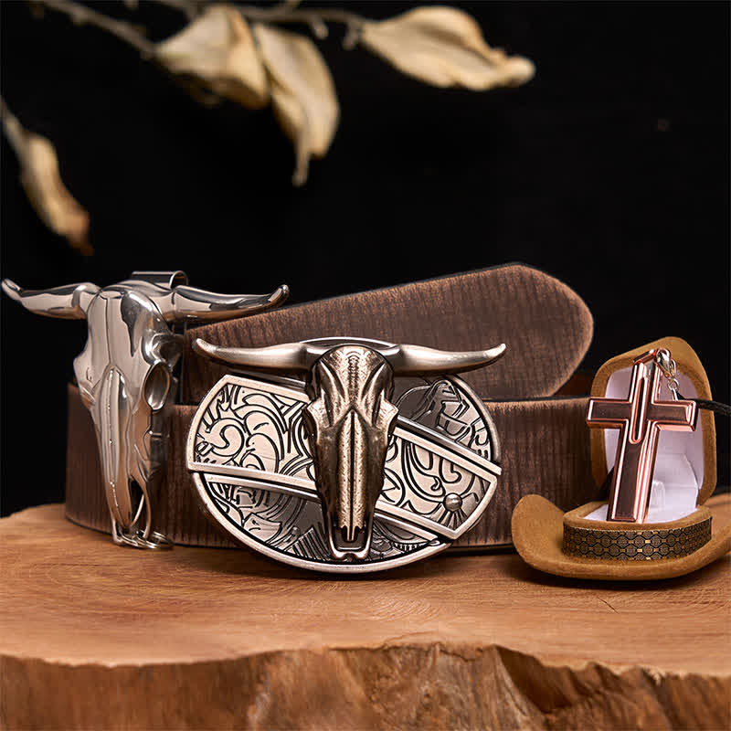 Ensemble de collier et boucle de ceinture en forme de croix avec couteau caché à faire soi-même, motif taureau Longhorn - Taureau à longues cornes - Ceinture marron vieillie - 42 - image 7