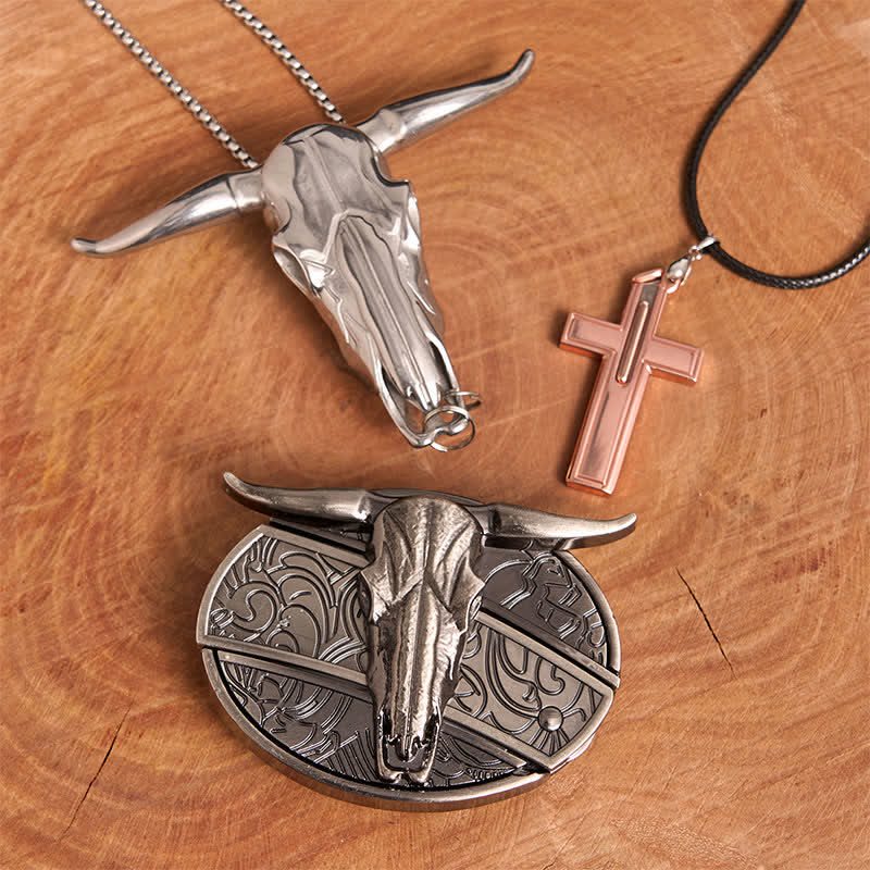 Ensemble de collier et boucle de ceinture en forme de croix avec couteau caché à faire soi-même, motif taureau Longhorn - Taureau à longues cornes - Sans ceinture - Ceinture non incluse - image 2