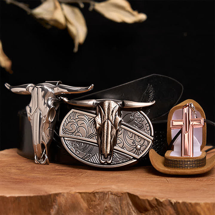 Ensemble de collier et boucle de ceinture en forme de croix avec couteau caché à faire soi-même, motif taureau Longhorn - Taureau à longues cornes - Ceinture noire avec aigle en relief - 42 - image 4
