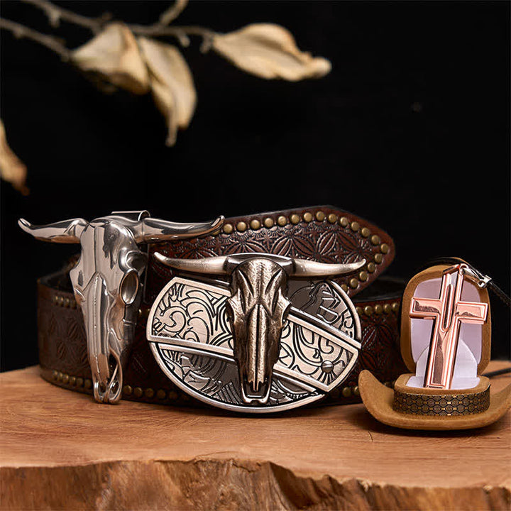 Ensemble de collier et boucle de ceinture en forme de croix avec couteau caché à faire soi-même, motif taureau Longhorn - Taureau à longues cornes - Ceinture à rivets marron - 42 - image 6