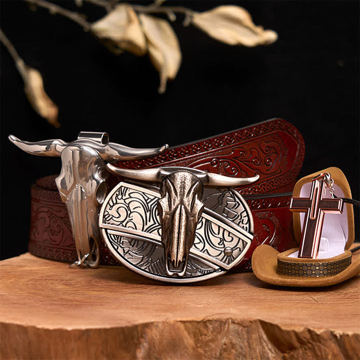Ensemble de collier et boucle de ceinture en forme de croix avec couteau caché à faire soi-même, motif taureau Longhorn - Taureau à longues cornes - Ceinture marron sculptée - 42 - image 8