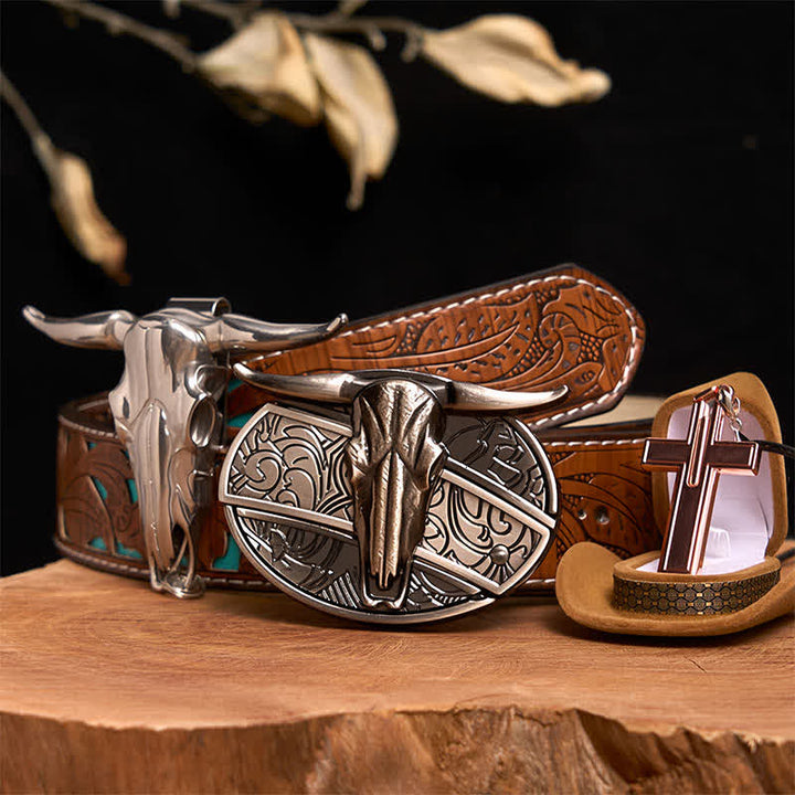 Ensemble de collier et boucle de ceinture en forme de croix avec couteau caché à faire soi-même, motif taureau Longhorn - Taureau à longues cornes - Ceinture sculptée en turquoise - 42 - image 5