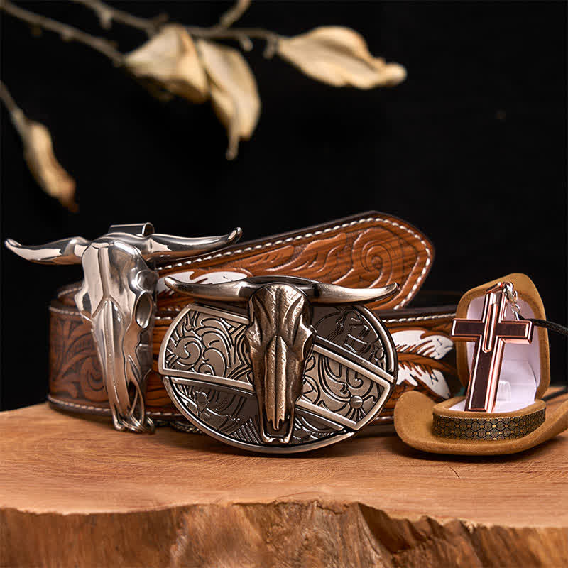 Ensemble de collier et boucle de ceinture en forme de croix avec couteau caché à faire soi-même, motif taureau Longhorn - Taureau à longues cornes - Ceinture à plumes marron - 40 - image 1