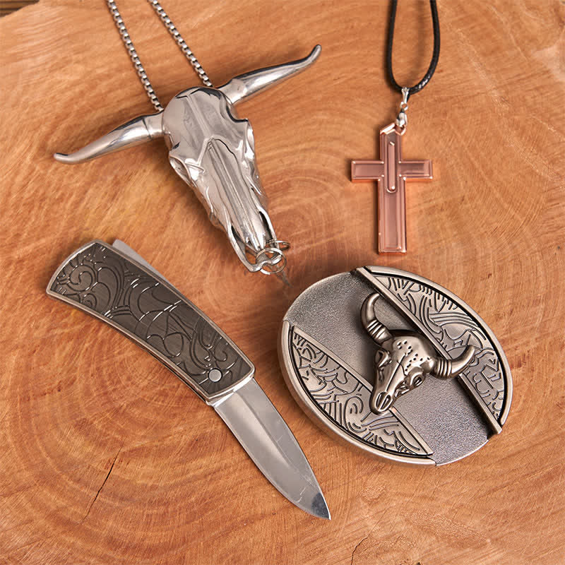Ensemble de colliers et boucles de ceinture en forme de croix avec couteau caché en forme de taureau en argent antique - image 3