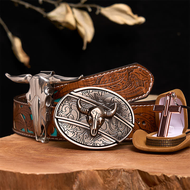 Ensemble de colliers et boucles de ceinture en forme de croix avec couteau caché en forme de taureau en argent antique - Tête de taureau argentée - Ceinture sculptée en turquoise - 42 - image 4