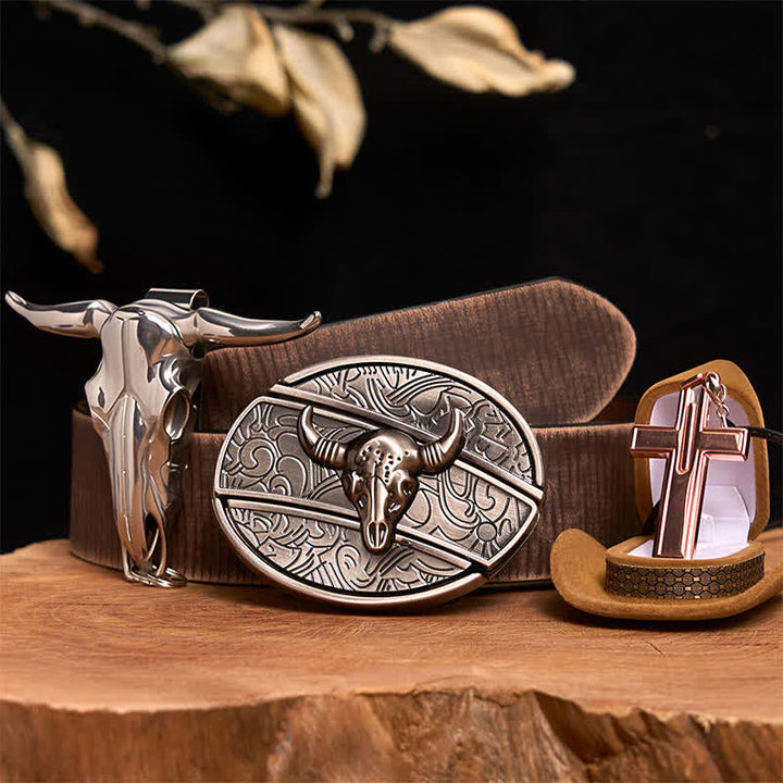 Ensemble de colliers et boucles de ceinture en forme de croix avec couteau caché en forme de taureau en argent antique - Tête de taureau argentée - Ceinture marron vieillie - 42 - image 6