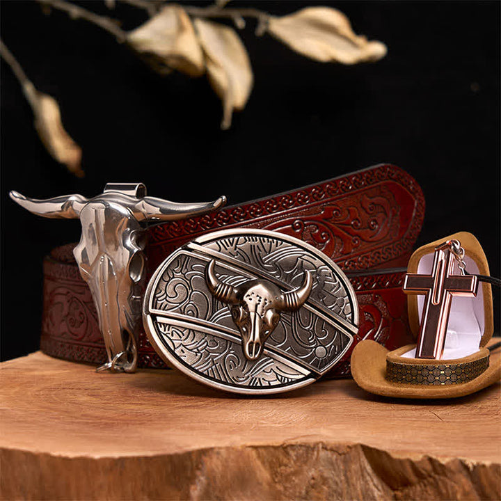 Ensemble de colliers et boucles de ceinture en forme de croix avec couteau caché en forme de taureau en argent antique - Tête de taureau argentée - Ceinture marron sculptée - 42 - image 7